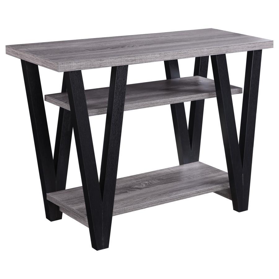 This contemporary console table combines sleek design and functional storage, making it a versatile addition to any space. The grey wood-look top and two lower shelves, crafted from engineered wood with a durable laminate veneer, offer ample room for deco