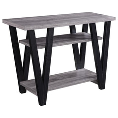 This contemporary console table combines sleek design and functional storage, making it a versatile addition to any space. The grey wood-look top and two lower shelves, crafted from engineered wood with a durable laminate veneer, offer ample room for deco