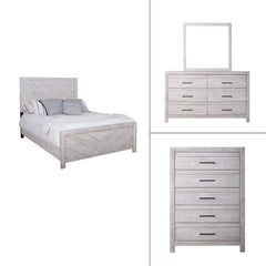 Introducing the Biscayne 4 Piece Bedroom Set, a comprehensive ensemble featuring a stylish bed, 6-drawer dresser, mirror, and 5-drawer chest. Crafted with durable manufactured wood and finished with Eco-Friendly laminated surfaces, this set promises stren