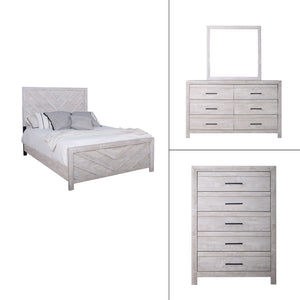 Introducing the Biscayne 4 Piece Bedroom Set, a comprehensive ensemble featuring a stylish bed, 6-drawer dresser, mirror, and 5-drawer chest. Crafted with durable manufactured wood and finished with Eco-Friendly laminated surfaces, this set promises stren