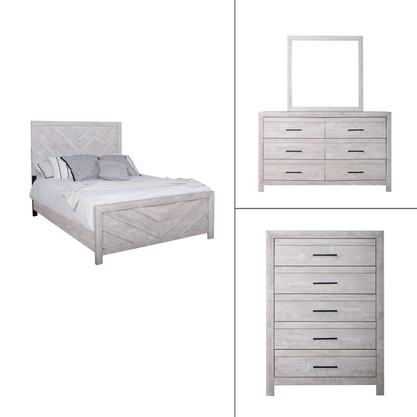 Introducing the Biscayne 4 Piece Bedroom Set, a comprehensive ensemble featuring a stylish bed, 6-drawer dresser, mirror, and 5-drawer chest. Crafted with durable manufactured wood and finished with Eco-Friendly laminated surfaces, this set promises stren
