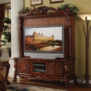 The Dresden collection classic style will blend masterfully in your living room area. The storage feature offers plenty of space to keep your entertainment components, its top hutch includes two side doors to reveal hidden storage available. Carefully con