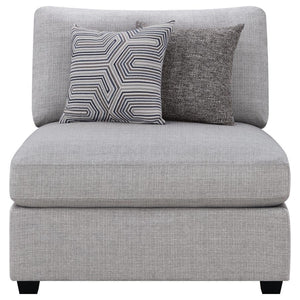  the light grey fabric upholstery complements a variety of decor schemes. The modular design allows for a customizable sofa or section