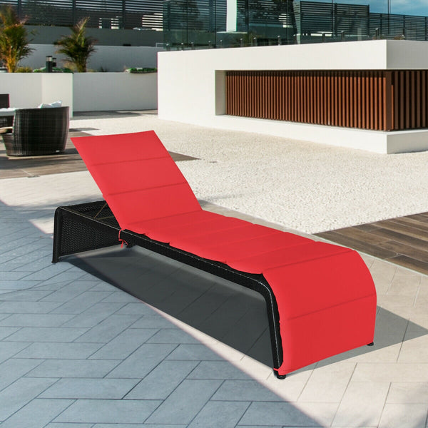Tightly hand-woven rattan can withstand the moderate change in weather <br>The heavy-duty steel frame ensures the sturdiness of the chaise lounge <br>Adjustable backboard with five different positions <br>Soft and thick cushion for comfortable seating <br