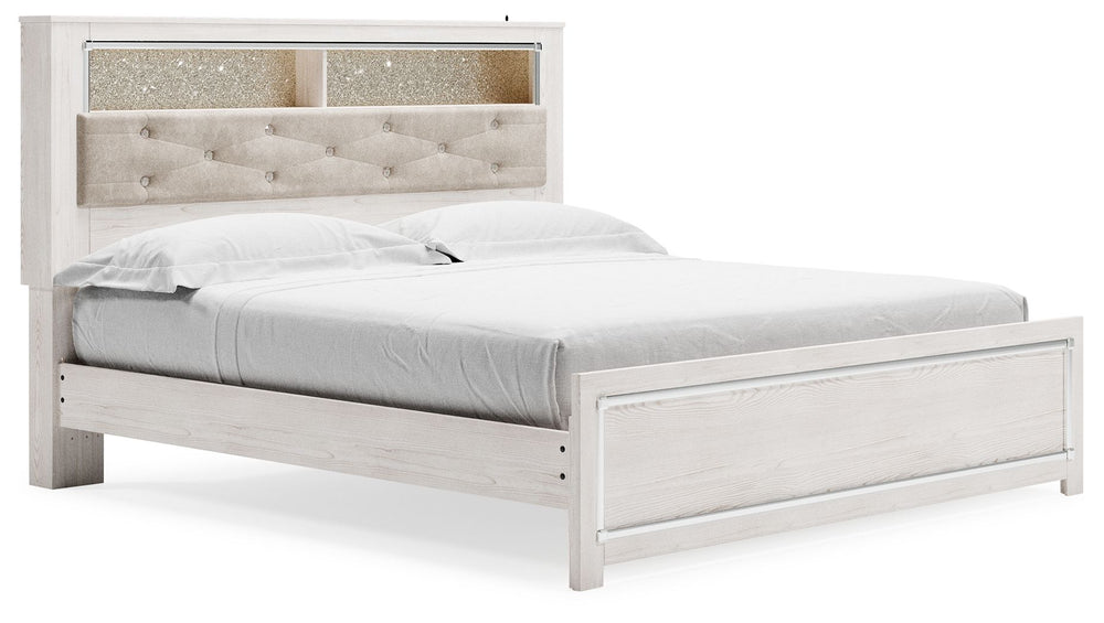 The epitome of fashion-forward design, this king panel bookcase bed is a beautiful blend of comfort and luxury. Shiny chrome-tone accents, a pearlized finish and button-tufted upholstery bring a glam touch to the richly rustic appearance. Remote-controlle