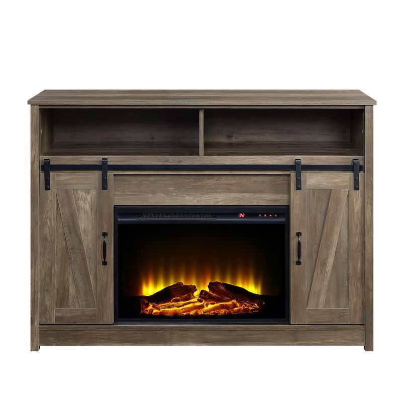 Add some warmth and glow into any space with the Tobias fireplace. Achieve the perfect rustic farmhouse aesthetic with its rustic oak finish and sliding barn house doors. Featuring two open compartments for displaying goods and two closed storage compartm