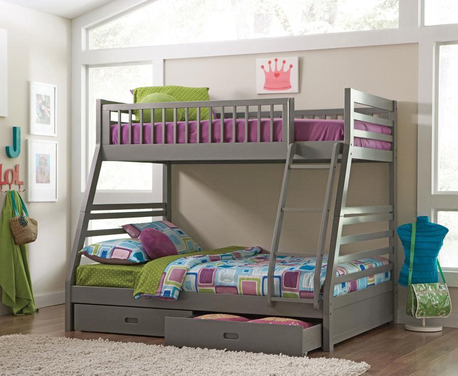 Perfect for a transitional space, this twin over full bunk bed is casual in style. Create a stunning visual with the supportive A-shaped frame, complete with decorative horizontal lines. Constructed of solid pine, the sturdy base is laid-back and versatil