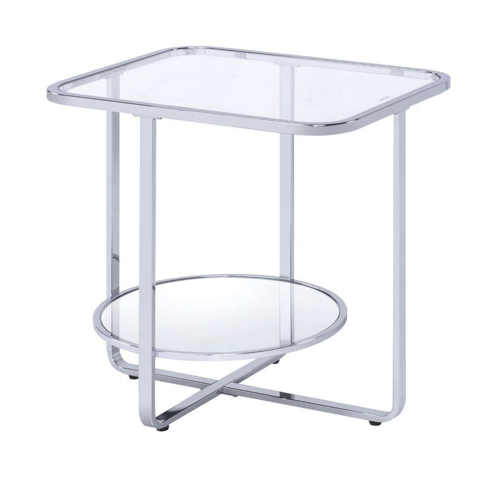 KD, Rectangular End Table â€¢ Storage: Open Compartment (1 Mirrored Shelf, Fixed) â€¢ Features: Glass Top, Mirrored Shelf, Metal Sled Base (Open Base) â€¢â€¢ CONSTRUCTION â€¢â€¢ TOP) GLASS: 5mm (NO Apron) â€¢ SHELF) Mirrored () â€¢ BASE) Metal Sled: Chrom