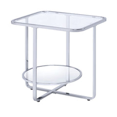 KD, Rectangular End Table â€¢ Storage: Open Compartment (1 Mirrored Shelf, Fixed) â€¢ Features: Glass Top, Mirrored Shelf, Metal Sled Base (Open Base) â€¢â€¢ CONSTRUCTION â€¢â€¢ TOP) GLASS: 5mm (NO Apron) â€¢ SHELF) Mirrored () â€¢ BASE) Metal Sled: Chrom