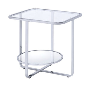 KD, Rectangular End Table â€¢ Storage: Open Compartment (1 Mirrored Shelf, Fixed) â€¢ Features: Glass Top, Mirrored Shelf, Metal Sled Base (Open Base) â€¢â€¢ CONSTRUCTION â€¢â€¢ TOP) GLASS: 5mm (NO Apron) â€¢ SHELF) Mirrored () â€¢ BASE) Metal Sled: Chrom