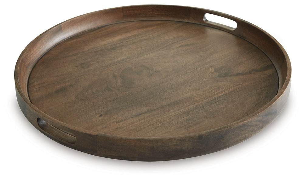 Let-'s get this party started. This round serving tray elevates your hosting game, allowing you to effortlessly transport drinks and small plates when entertaining. Crafted from wood with sleek raised sides and integrated handles, it-'s the perfect fusion