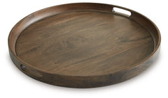 Let-'s get this party started. This round serving tray elevates your hosting game, allowing you to effortlessly transport drinks and small plates when entertaining. Crafted from wood with sleek raised sides and integrated handles, it-'s the perfect fusion