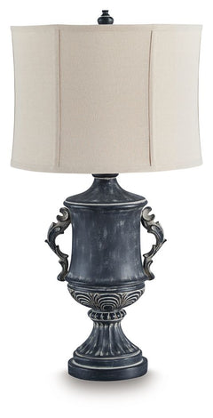 Those who delight in the beauty of a bygone era are sure to be charmed by this richly traditional table lamp. Its base is detailed with ornate patterns and embellished with gracefully curved handles. An antiqued black finish lends a look thatâ€™s aged to 