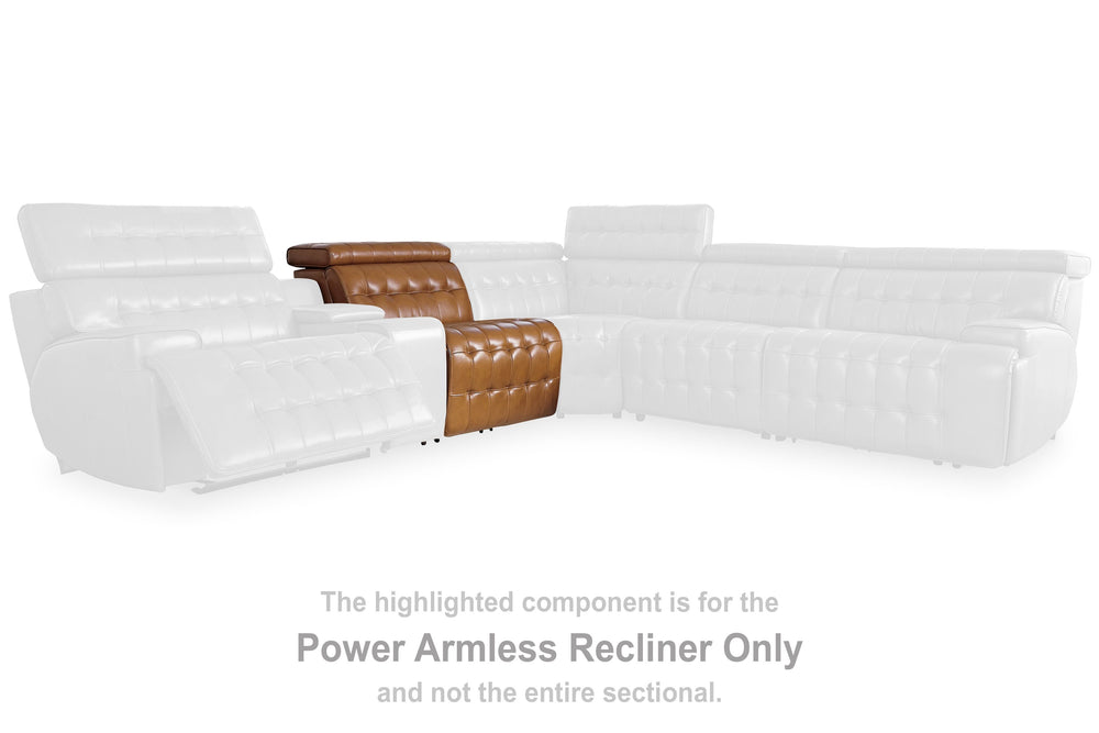 This power armless recliner is made with a combination of 100% top grain leather and faux leather upholstery. Pairs with other items in the series to make a sectional.<br><br><b>Additional Dimensions</b><br><ul><li>Adjustable height (max): 42.5-"</li><li>
