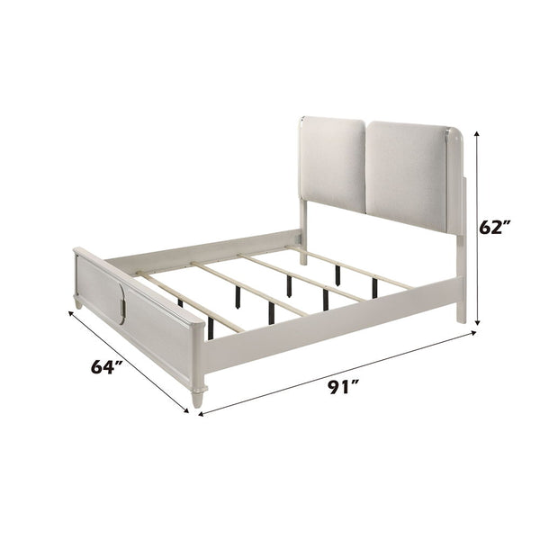 Laveda - Queen Bed With LED - Light Gray Boucle & Pearl White Finish