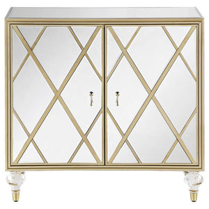  this accent cabinet boasts a latticed design in the dual cabinet doors