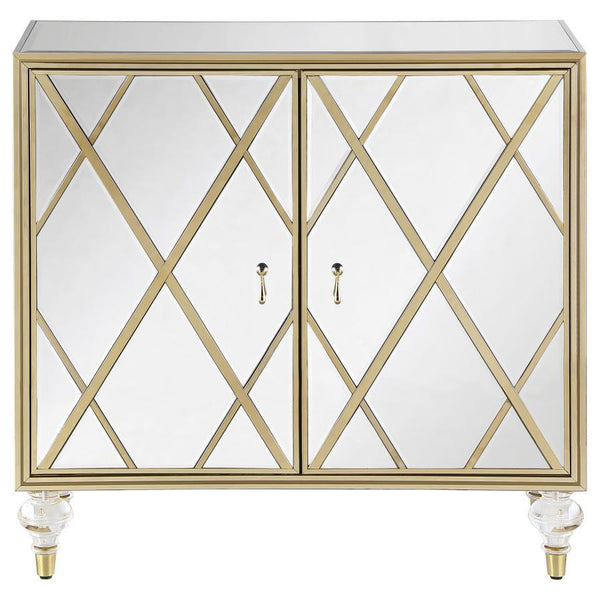  this accent cabinet boasts a latticed design in the dual cabinet doors