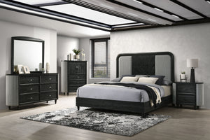 The Skyline 5-Piece Bedroom Set blends modern style with durability. Crafted from solid Rubberwood, engineered woods, and Ash veneers, it features an Onyx Black finish with gray glazing that enhances the wood grain. The upholstered panel bed adds plush co