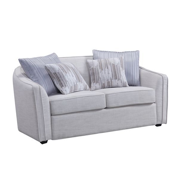 Create a clean, contemporary look with the gently curved Mahler II living room set. The inner wooden frame and block plastic legs offer maximum support. Upholstered in a beige textured-linen fabric. The barrel seat back makes for plush, modern depth that 