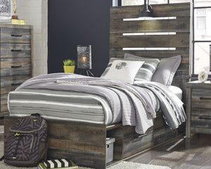 When merged in just the right way, rustic and industrial styles can make one happy marriage. Case in point: this twin panel bed with storage. A refined take on barn board beauty, its complex, replicated wood grain showcases hints of burnt orange and teal 
