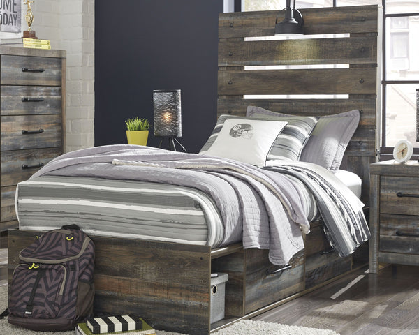 When merged in just the right way, rustic and industrial styles can make one happy marriage. Case in point: this twin panel bed with storage. A refined take on barn board beauty, its complex, replicated wood grain showcases hints of burnt orange and teal 