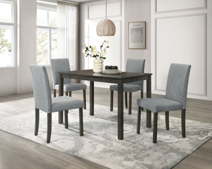 This dining group is a perfect fusion of minimalist design and everyday practicality. The sleek, rectangular table boasts a smooth, dark wood finish that adds a touch of sophistication to any dining space. Complemented by four comfortable upholstered chai