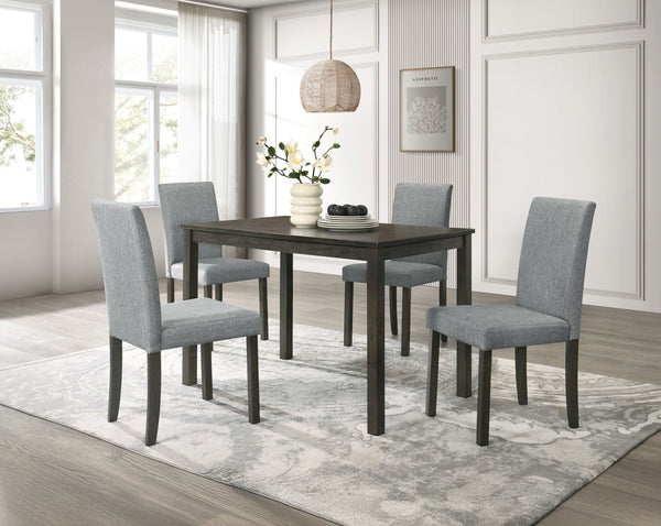 This dining group is a perfect fusion of minimalist design and everyday practicality. The sleek, rectangular table boasts a smooth, dark wood finish that adds a touch of sophistication to any dining space. Complemented by four comfortable upholstered chai