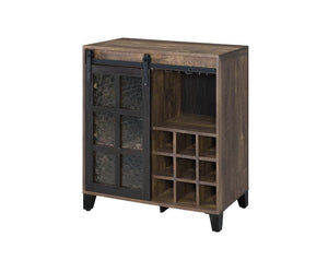Highlight your dining room with a strong industrial feel and functional appeal. This wine cabinet features a rustic wooden frame paired with metal hardwere for a raw, utilitarian aesthetic. Obscure glass door provides both privacy and texture, with black 