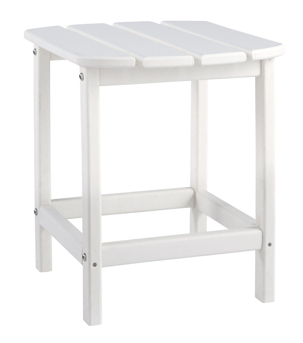 Add cottage-quaint charm to your outdoor oasis with this outdoor end table in white. Made of MEGA-TUFFÂ® high-density polyethylene material, itâ€™s sure to weather the seasons beautifully. Designed to shed rainwater, the tableâ€™s slatted top with gently 