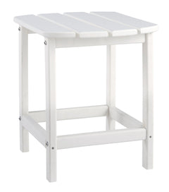 Add cottage-quaint charm to your outdoor oasis with this outdoor end table in white. Made of MEGA-TUFFÂ® high-density polyethylene material, itâ€™s sure to weather the seasons beautifully. Designed to shed rainwater, the tableâ€™s slatted top with gently 