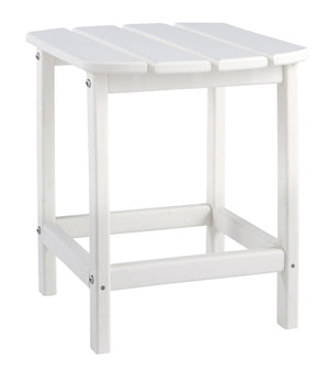 Add cottage-quaint charm to your outdoor oasis with this outdoor end table in white. Made of MEGA-TUFFÂ® high-density polyethylene material, itâ€™s sure to weather the seasons beautifully. Designed to shed rainwater, the tableâ€™s slatted top with gently 