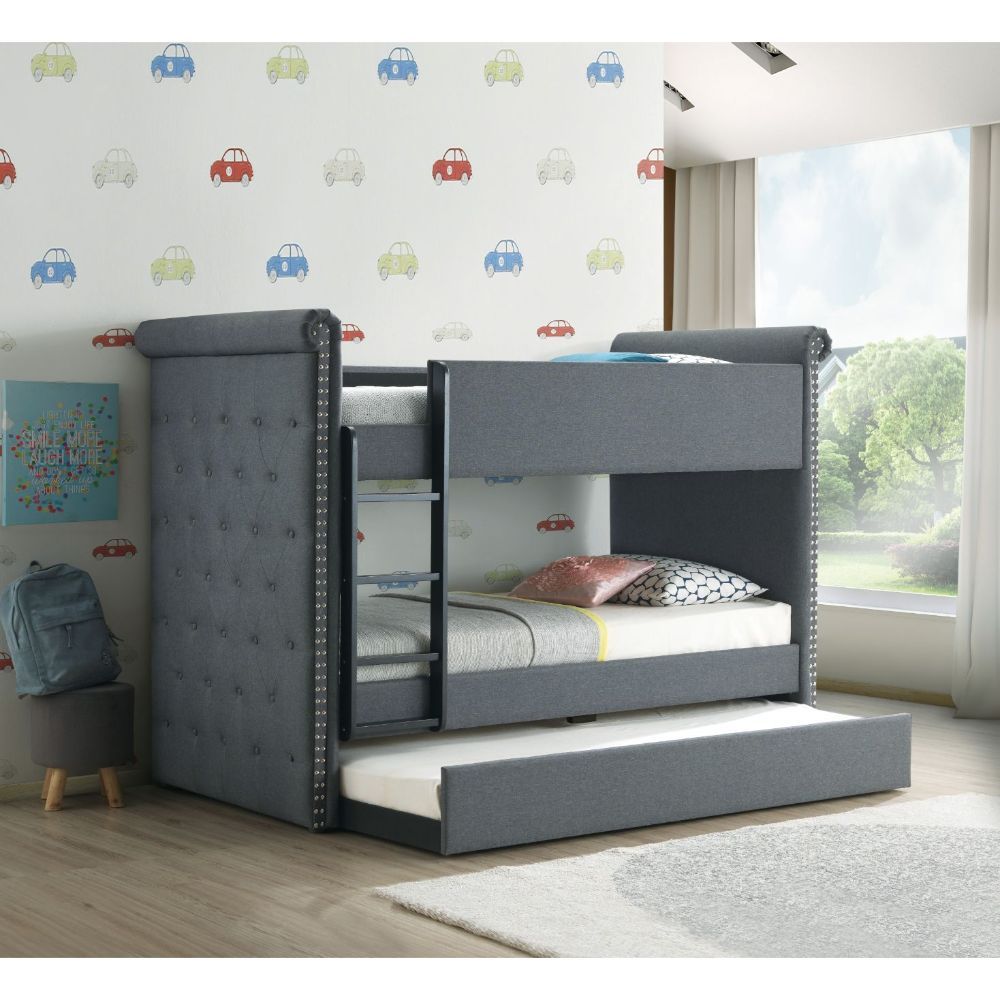 Give your child-'s bedroom a convenient and stylish update with the Ramona II twin over twin bunk bed. This bed-'s unique gray fabric has antique-inspired details like button tuft upholstery, and nailhead trim to create a charming and timeless look. A twi