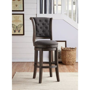 KD, Armless Chair (High Back) Swivel Seat (360 Degrees): Counter Height Padded SEAT & BACK: Fabric w/Nail-head Trim (Multi-Tone Pattern) Features: Button Tufted, Nail-head Trim, Round Shape Seat Padded Backrest w/Wooden Scrolled Trim SEAT Cushion: 3 Inche