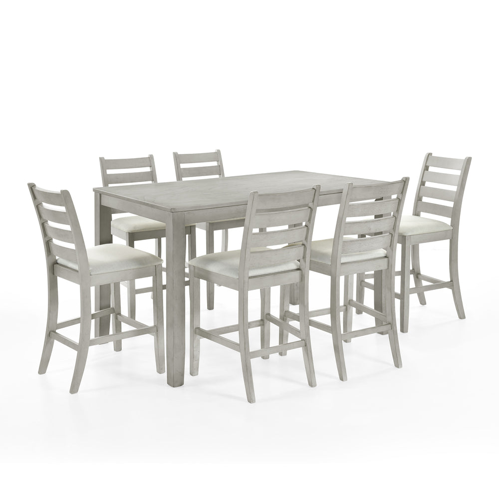 Discover the Pascal 7 Piece Counter Height Dining Room Set in Driftwood Gray, featuring a wood counter dining table and six counter chairs. This set is crafted from a durable combination of solid Rubberwood and manufactured woods, ensuring long-lasting qu