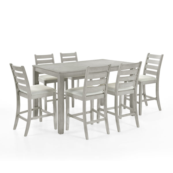  featuring a wood counter dining table and six counter chairs. This set is crafted from a durable combination of solid Rubberwood and manufactured woods