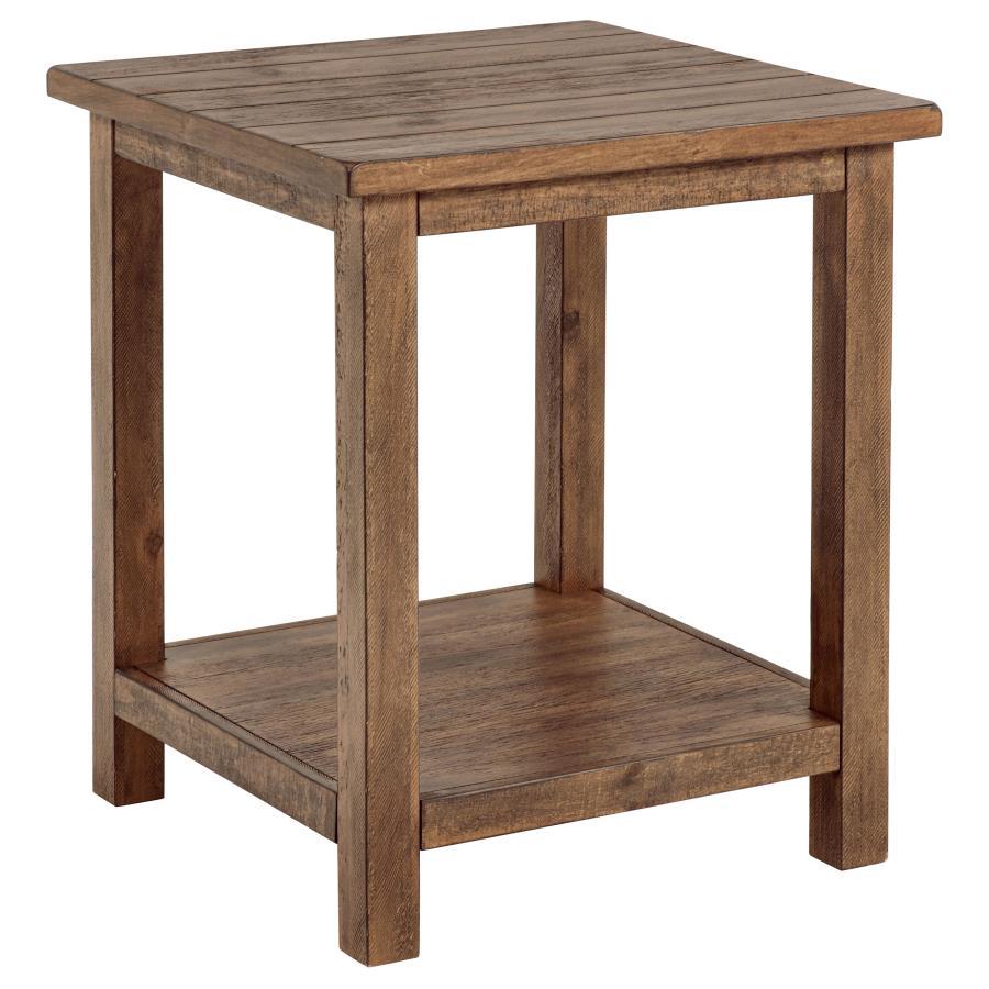 Blending rustic warmth with functional design, this end table enhances your living room with cozy style. Built from pine wood and reinforced with engineered wood, it features a square silhouette suited for farmhouse or casual interiors. Its open lower she