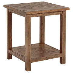 Blending rustic warmth with functional design, this end table enhances your living room with cozy style. Built from pine wood and reinforced with engineered wood, it features a square silhouette suited for farmhouse or casual interiors. Its open lower she