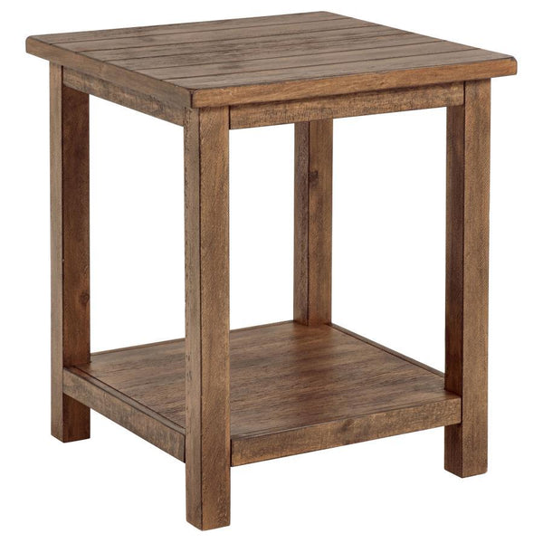 Blending rustic warmth with functional design, this end table enhances your living room with cozy style. Built from pine wood and reinforced with engineered wood, it features a square silhouette suited for farmhouse or casual interiors. Its open lower she