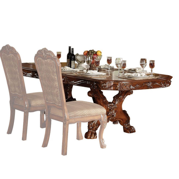 The Dresden traditional collection reflects highly decorative details, pedestal table, oversized claw feet, shaped top and decorative carving inlay veneers on apron. The dining chairs reflect carefully selected wood carving and upholstery in a symphony of