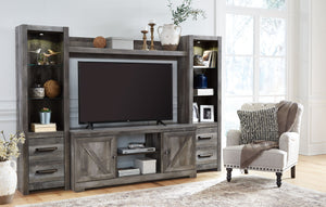This entertainment center is sure to win your heart with its daring designer take on modern rustic. Its crisp, clean and minimalist-chic profile is enriched with a striking replicated oak grain with thick plank styling and a weathered gray finish for that