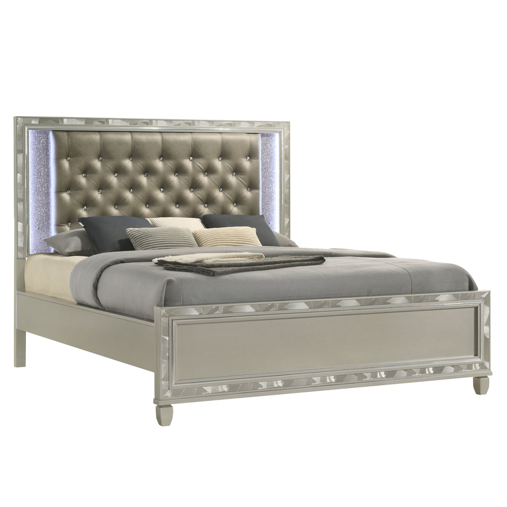 Discover the Radiance King Bed in Platinum Silver, meticulously crafted for enduring stability and durability from a combination of Solid Rubberwood and manufactured woods. Its semi-gloss lacquer Platinum Silver finish adds a silky, modern touch to this c