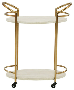  this luxurious bar cart is stone cold perfection. Light goldtone metal frames the faux travertine shelves to create a curated look. A stunning showcase of minimalism taken to the max