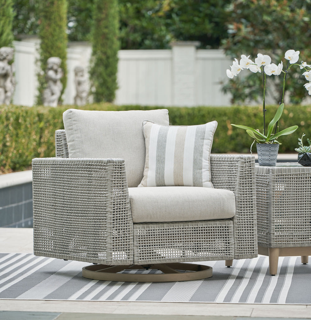 This swivel lounge chair invites your casual contemporary style outdoors. With its resin wicker in a chic neutral hue, it expertly marries refined design with durability. The chair-'s 360-degree swivel and gentle gliding motions make it easy to switch fro