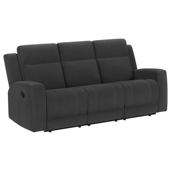 Spend the day looking forward to kicking back and relaxing on a modern reclining sofa. It boasts a pair of manual recliners, ideal for everything from movie marathons to enjoying game day with friends. Upholstery is suede-like with a matte look and feel, 