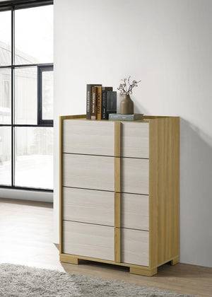 this chest features a sleek blend of natural wood tones and crisp white panels crafted from durable