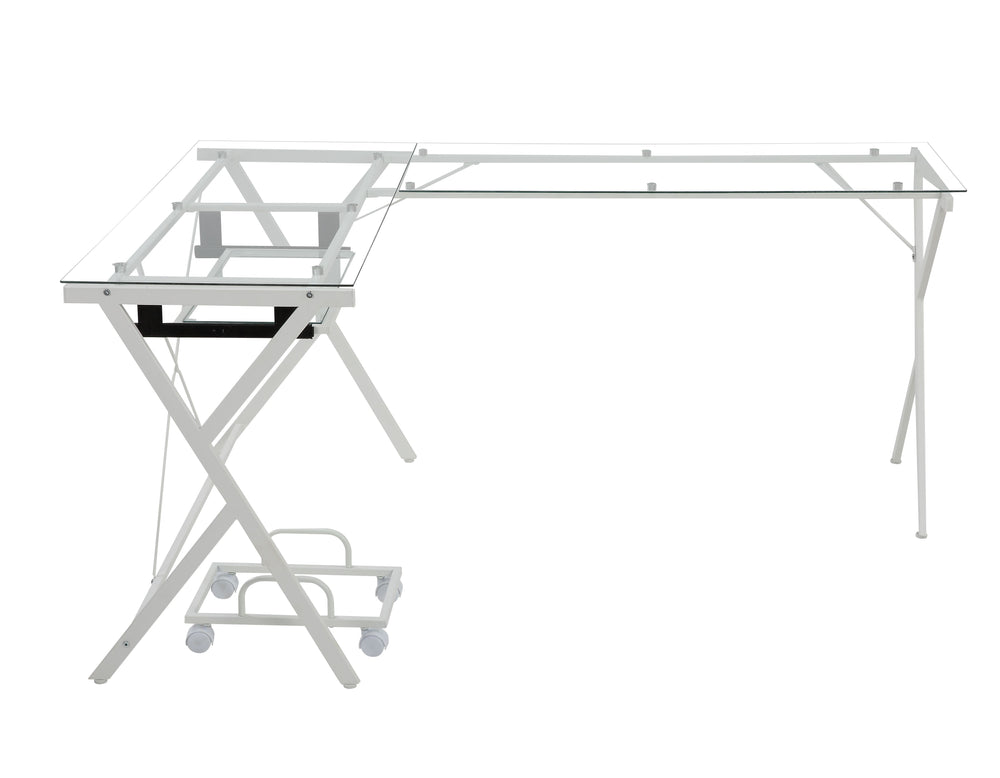 Corner Computer Desk Orientation: -"L-" ShapeX-Shape Metal Frame BaseRectangular Table Top w/Tempered GlassKey Board Tray IncludedComputer Holder Included<br/><br/><b>Product Features</b><ul><li>Corner Computer Desk</li><li>Orientation: -"L-" Shape</li><l