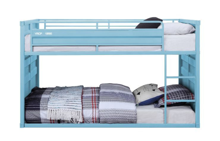 Designed shorter than the average bunk bed, this Cargo twin over twin bunk bed is excellent for low ceiling bedrooms. With its whimsical shipping container design and sturdy metal frame, this is one piece that will impress everyone. It features a slat sys