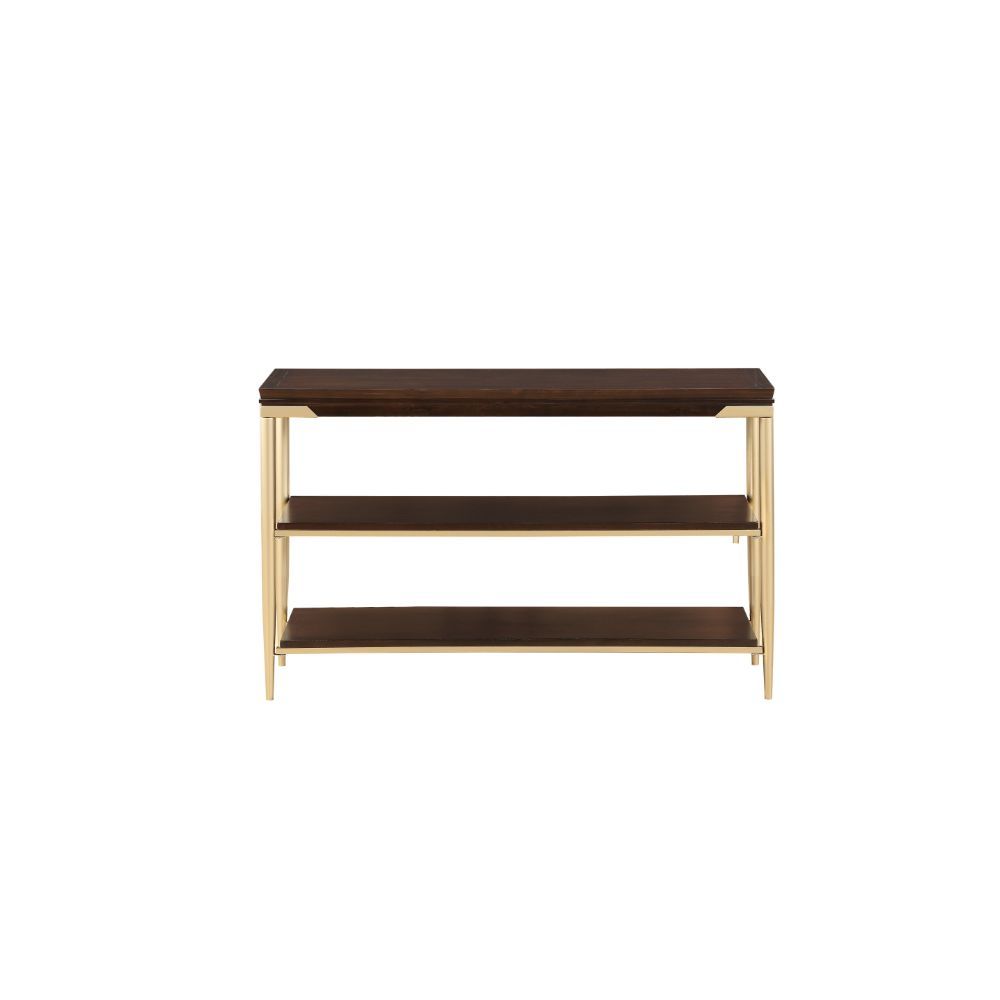 Entertain in style with the Eschenbach Sofa Table. This classic rectangular occasional table features a cherry finished table top with a metal base. This distinctive metal and wood cocktail table feature unique tapered legs with two open wood shelf for st