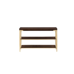 Entertain in style with the Eschenbach Sofa Table. This classic rectangular occasional table features a cherry finished table top with a metal base. This distinctive metal and wood cocktail table feature unique tapered legs with two open wood shelf for st