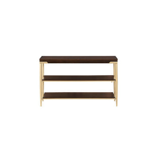 Entertain in style with the Eschenbach Sofa Table. This classic rectangular occasional table features a cherry finished table top with a metal base. This distinctive metal and wood cocktail table feature unique tapered legs with two open wood shelf for st